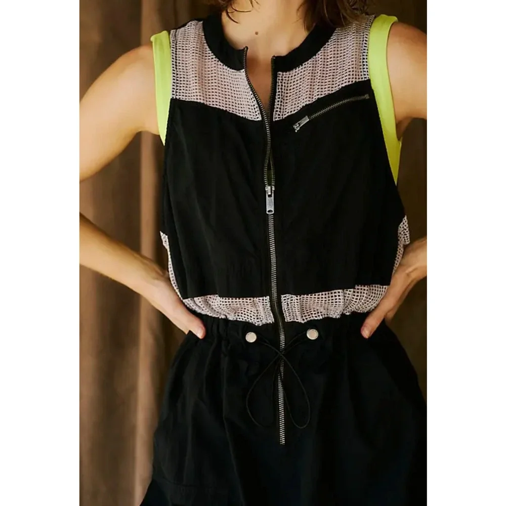 FREE PEOPLE FP MOVEMENT BLACK GRAY INHALE MESH NYLON ONE PIECE JUMPSUIT SZ XS